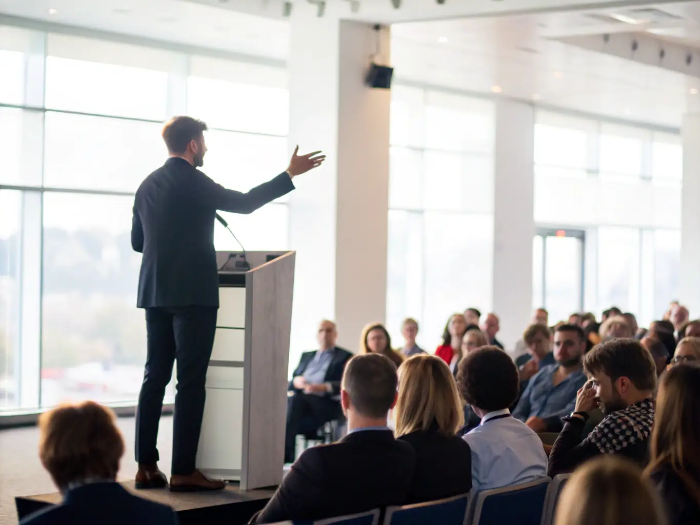 A dynamic photograph capturing a keynote speaker passionately addressing a large audience at a Sharkdrop conference, with the company logo subtly displayed in the background.
