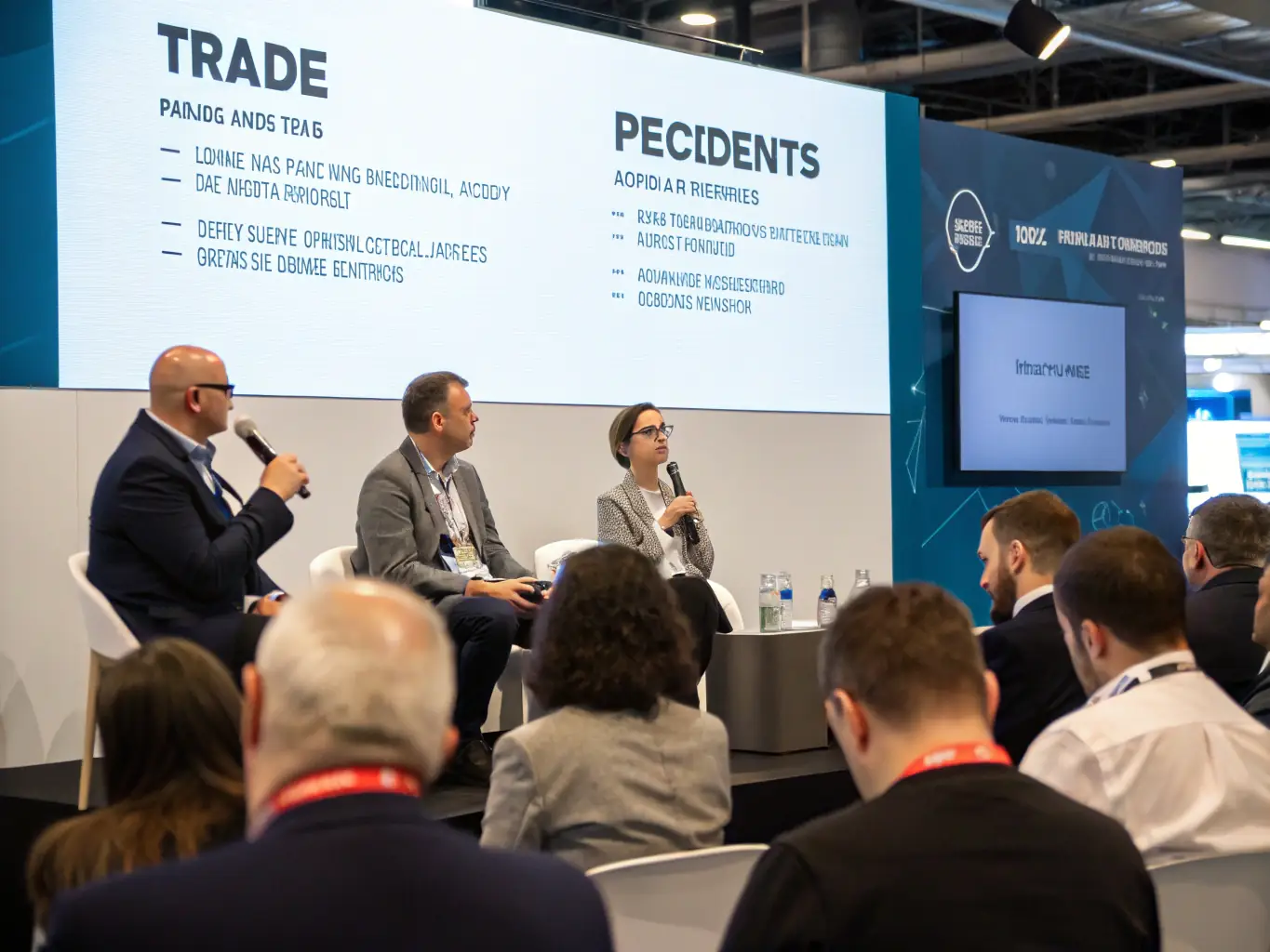 A professional photograph of a panel discussion featuring prominent venture capitalists and startup founders at a Sharkdrop conference, with the moderator guiding the conversation.